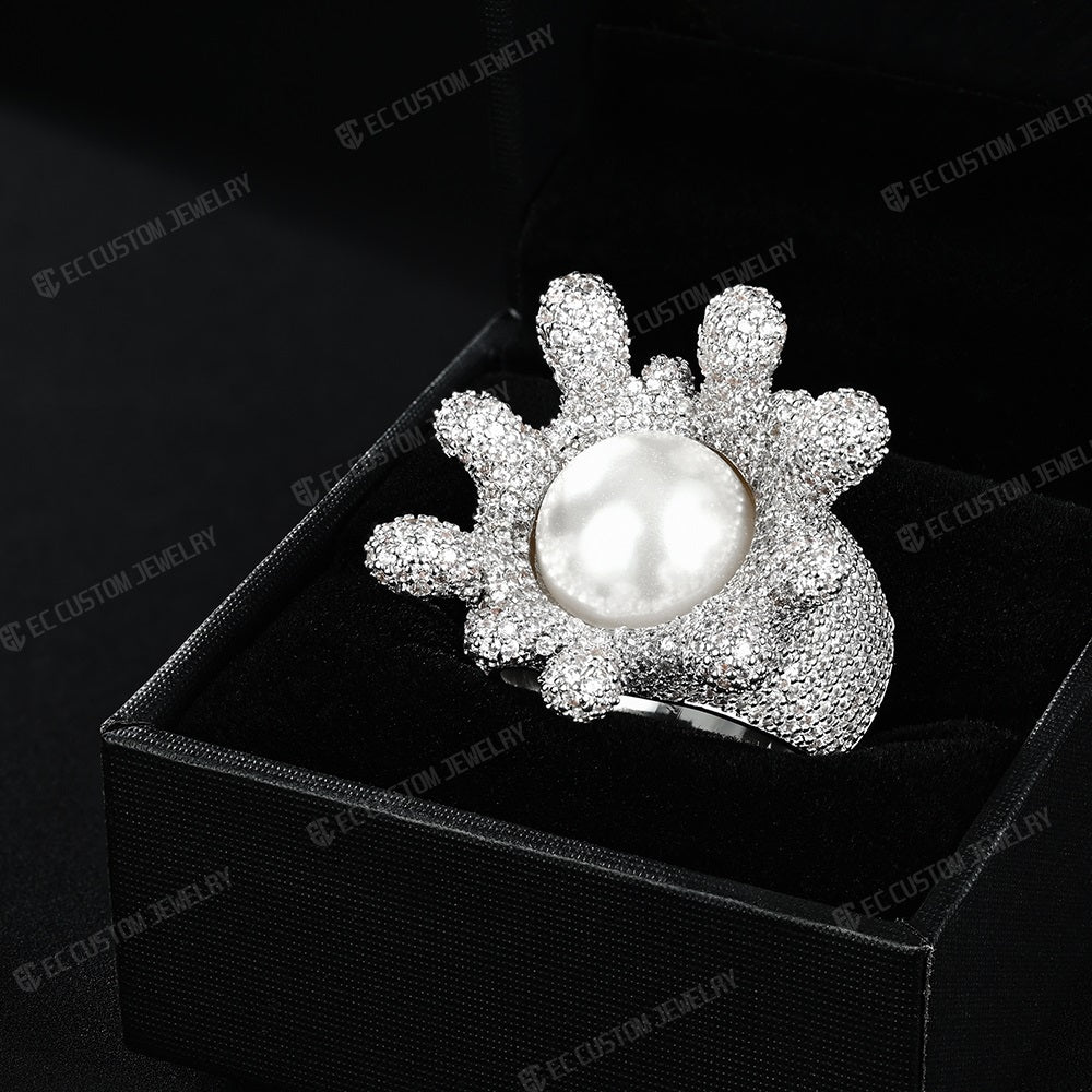 Iced out Drip Sterling 925 Silver Floral Pearl Ring Hip Hop Accessories