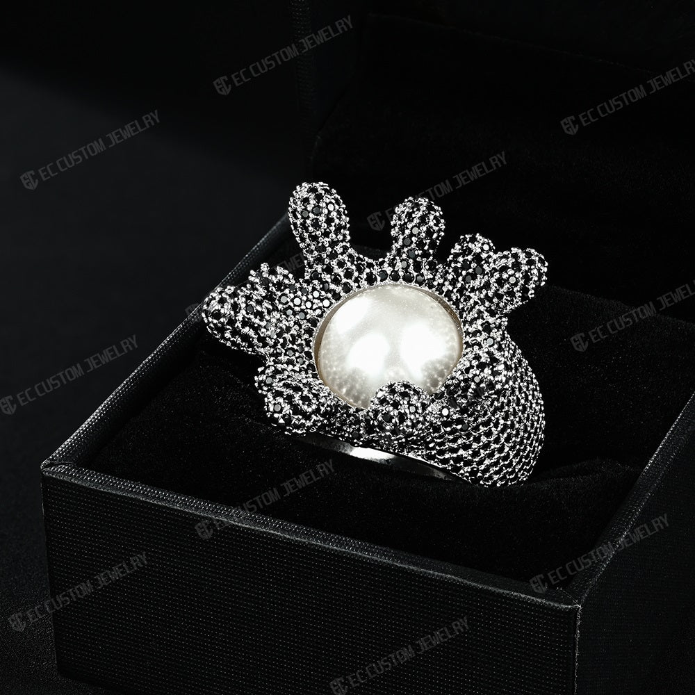 Iced out Drip Sterling 925 Silver Floral Pearl Ring Hip Hop Accessories