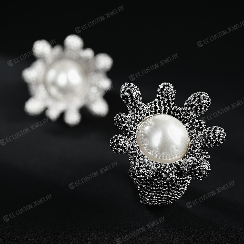 Iced out Drip Sterling 925 Silver Floral Pearl Ring Hip Hop Accessories