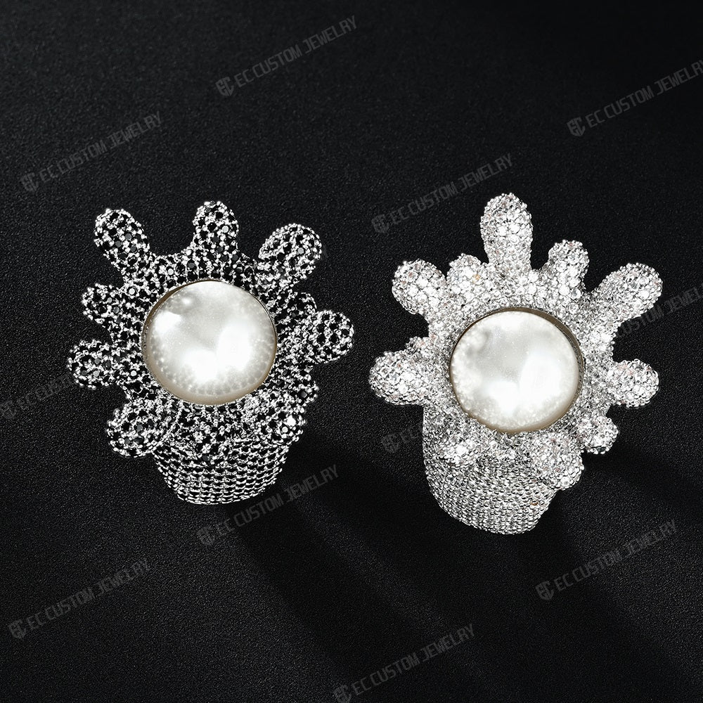 Iced out Drip Sterling 925 Silver Floral Pearl Ring Hip Hop Accessories