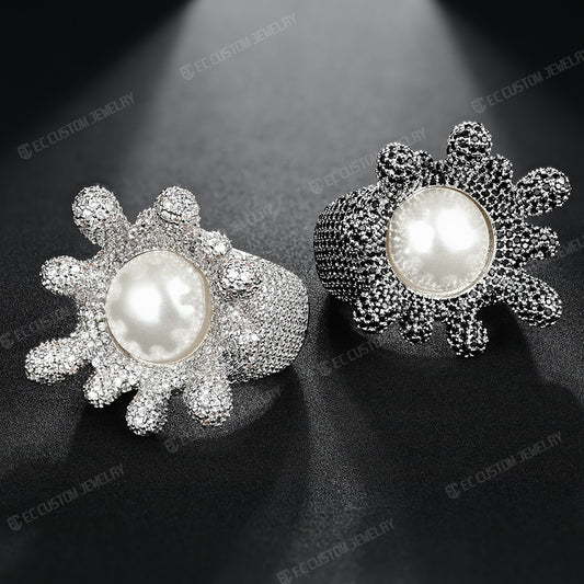 Iced out Drip Sterling 925 Silver Floral Pearl Ring Hip Hop Accessories