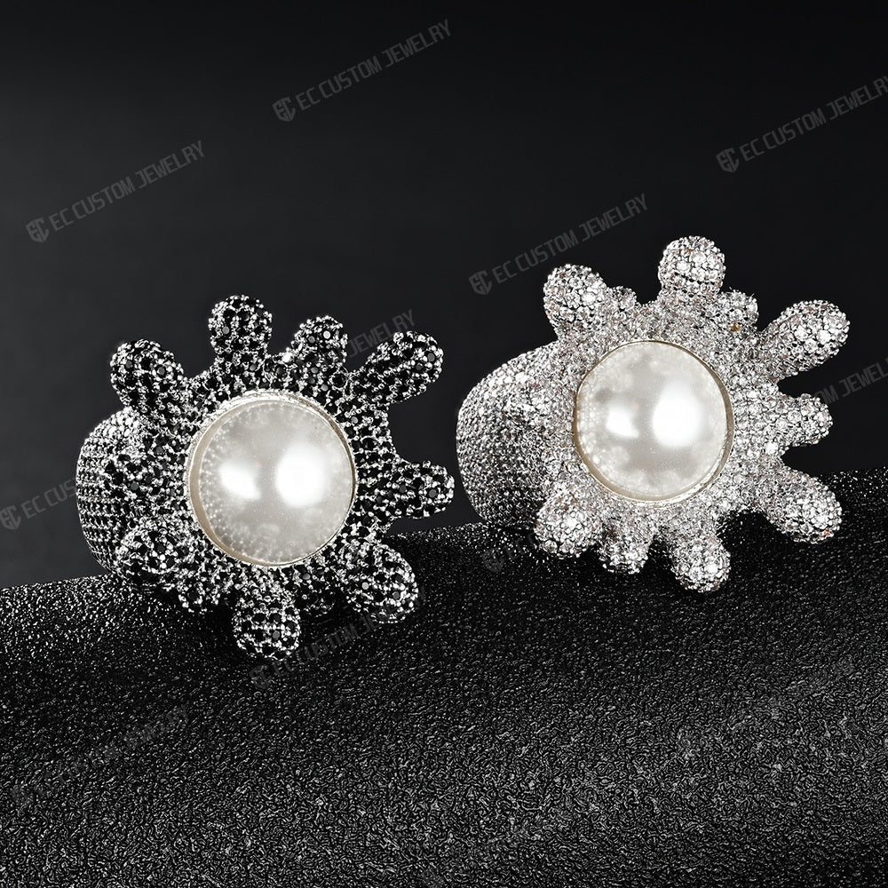 Iced out Drip Sterling 925 Silver Floral Pearl Ring Hip Hop Accessories