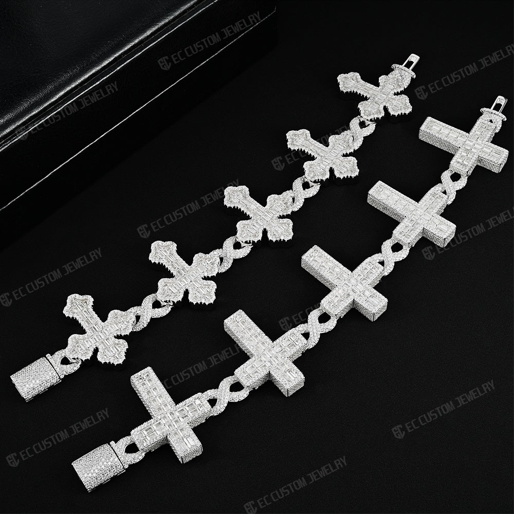 MOISSANITE Eternity Gothic Cross Link Bracelet Iced Out 925 Silver 30mm