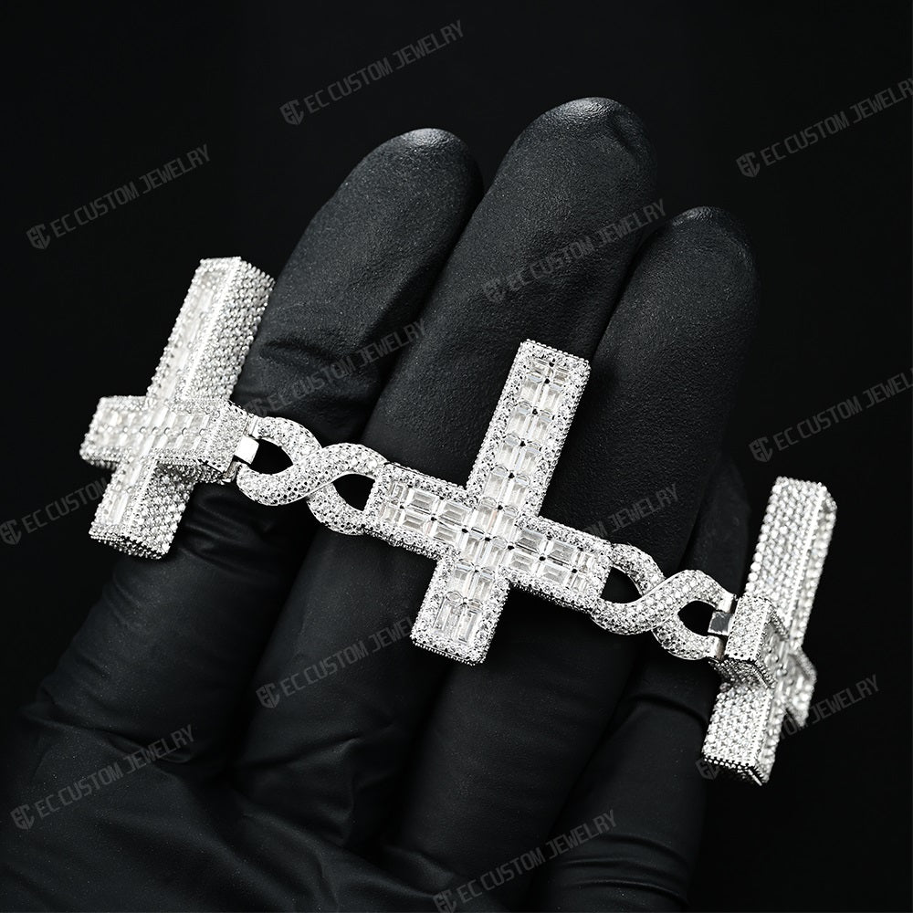 MOISSANITE Eternity Gothic Cross Link Bracelet Iced Out 925 Silver 30mm