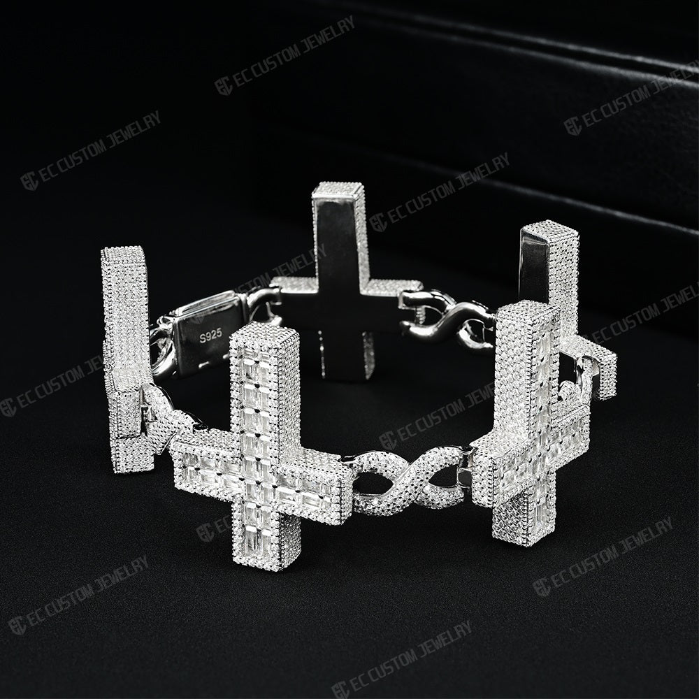 MOISSANITE Eternity Gothic Cross Link Bracelet Iced Out 925 Silver
