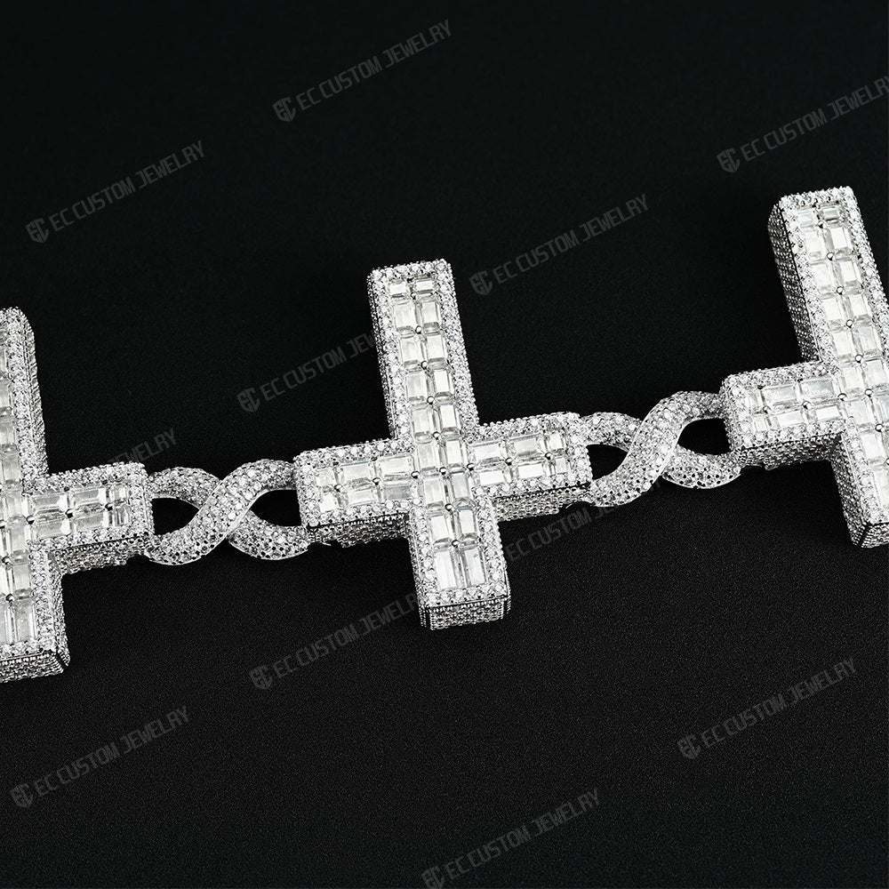 MOISSANITE Eternity Gothic Cross Link Bracelet Iced Out 925 Silver 30mm