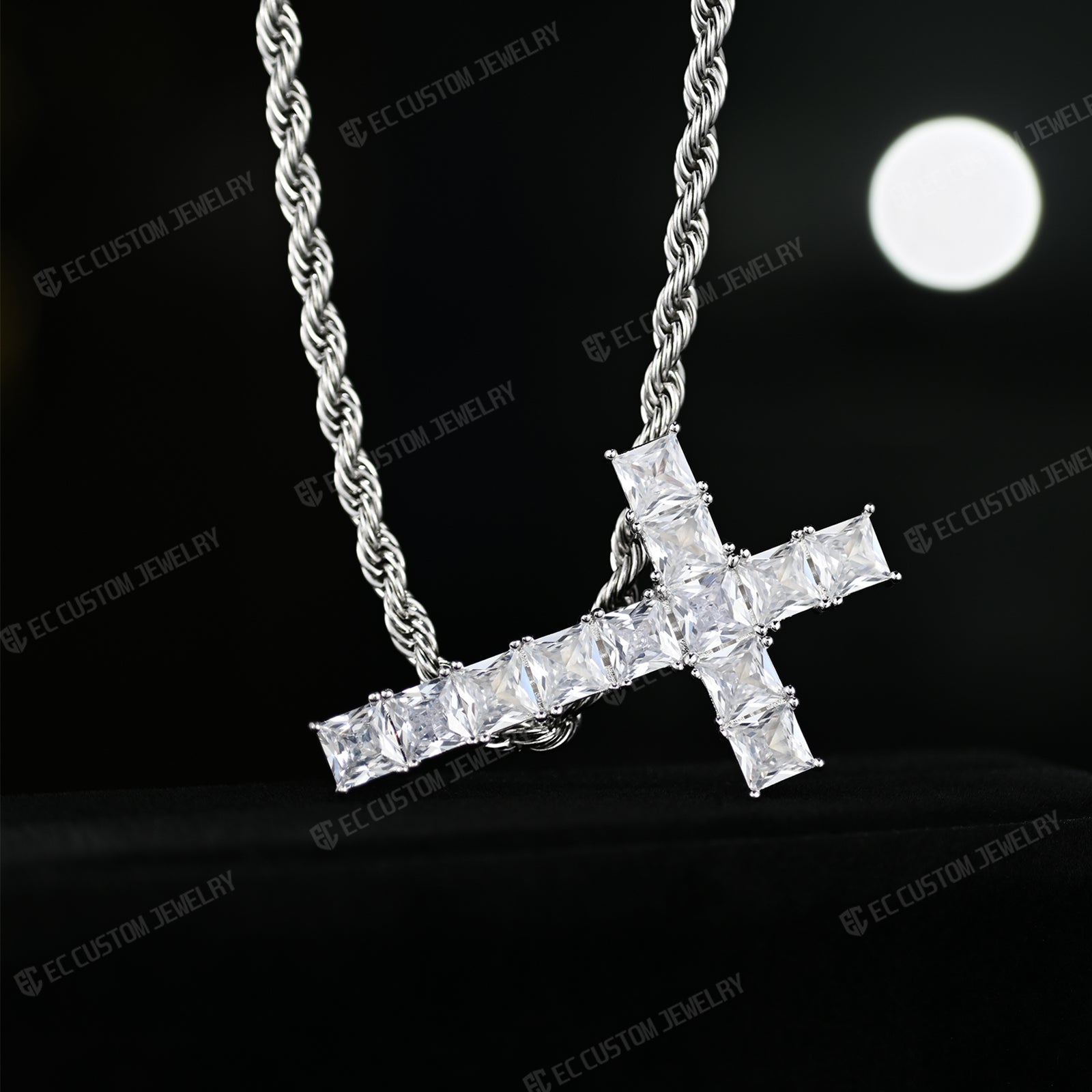 UPSIDE DOWN CROSS SQUARE MOISSANITE PENDANT HIP HOP 3