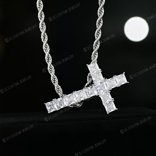 UPSIDE DOWN CROSS SQUARE MOISSANITE PENDANT HIP HOP 3