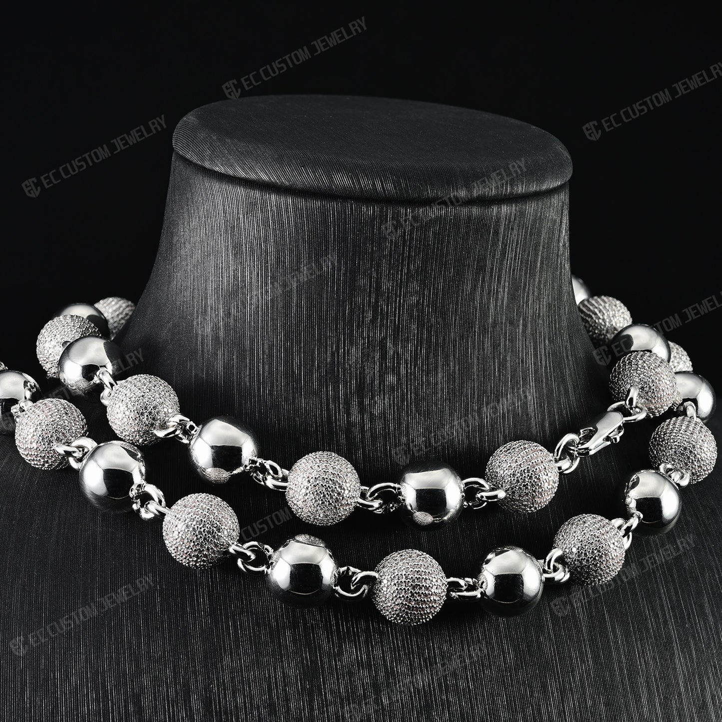 18K White GOLD Custom Made Ball Link Diamond Chain Rosary Bead Chain Necklace 