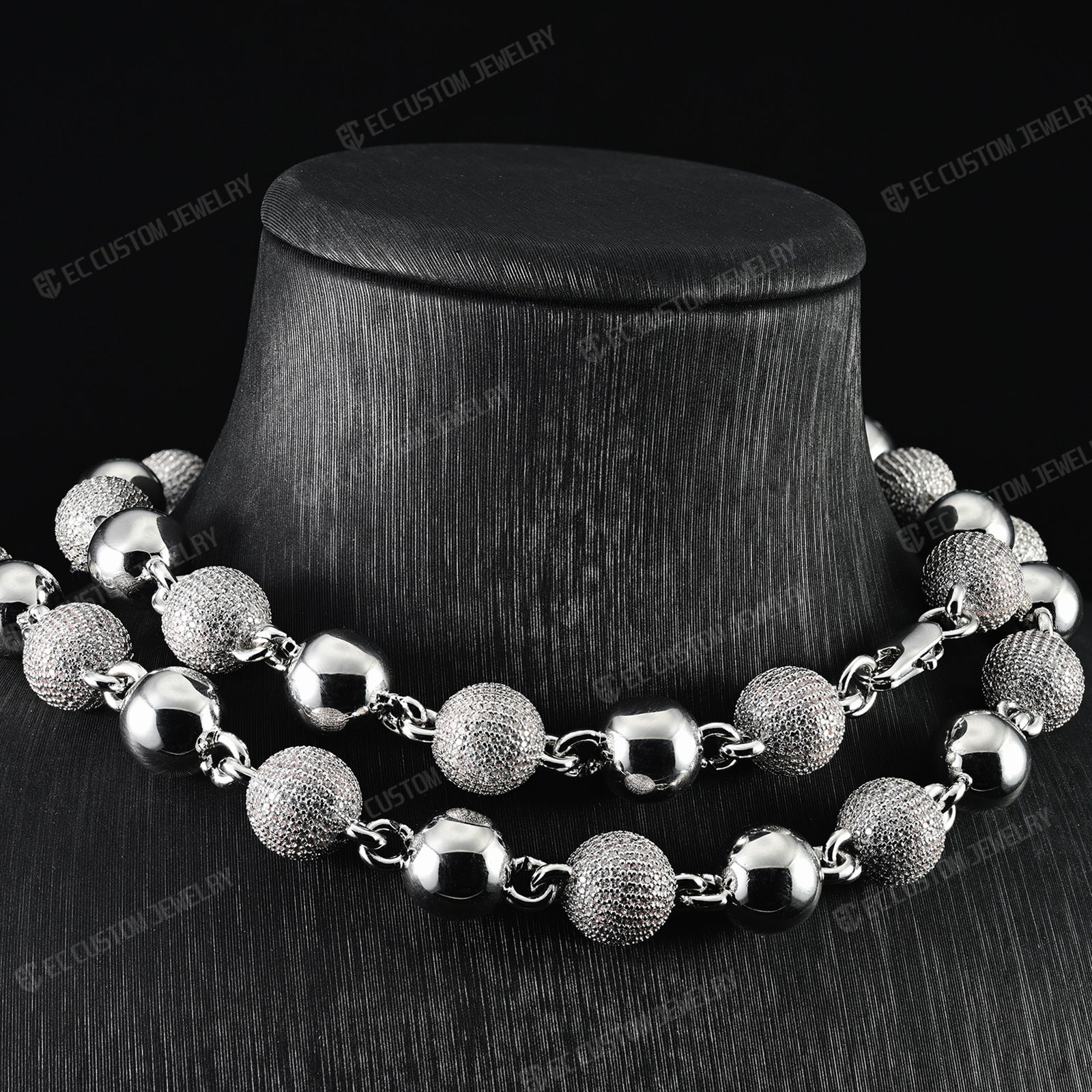 18K White GOLD Custom Made Ball Link Diamond Chain Rosary Bead Chain Necklace 