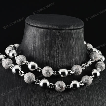 18K White GOLD Custom Made Ball Link Diamond Chain Rosary Bead Chain Necklace 