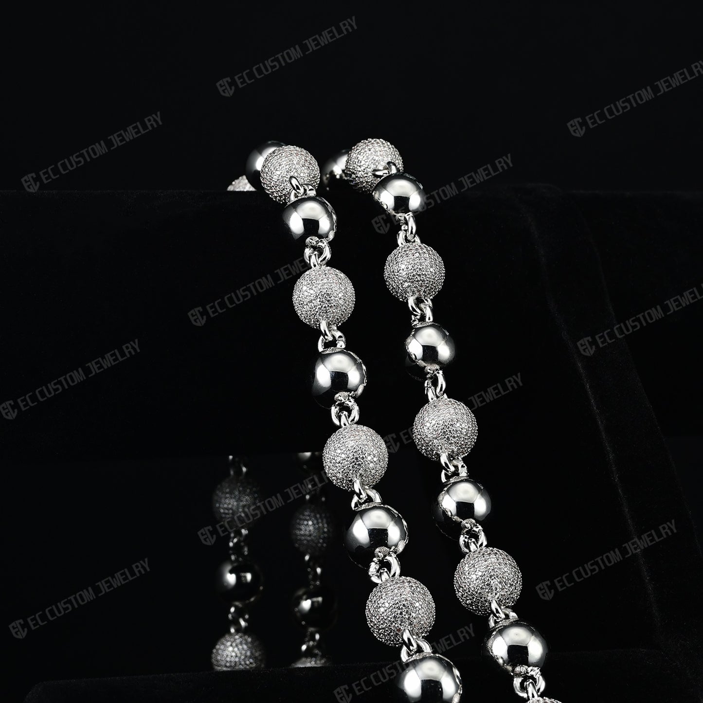 18K White GOLD Custom Made Ball Link Diamond Chain Rosary Bead Chain Necklace 
