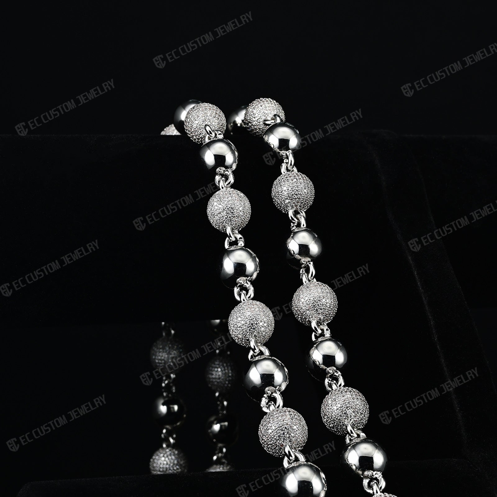18K White GOLD Custom Made Ball Link Diamond Chain Rosary Bead Chain Necklace 