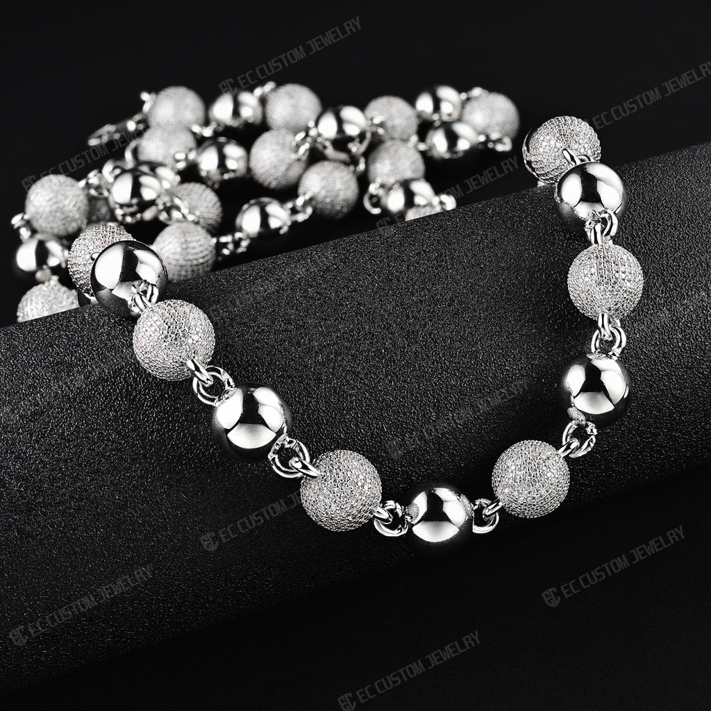 18K White GOLD Custom Made Ball Link Diamond Chain Rosary Bead Chain Necklace 