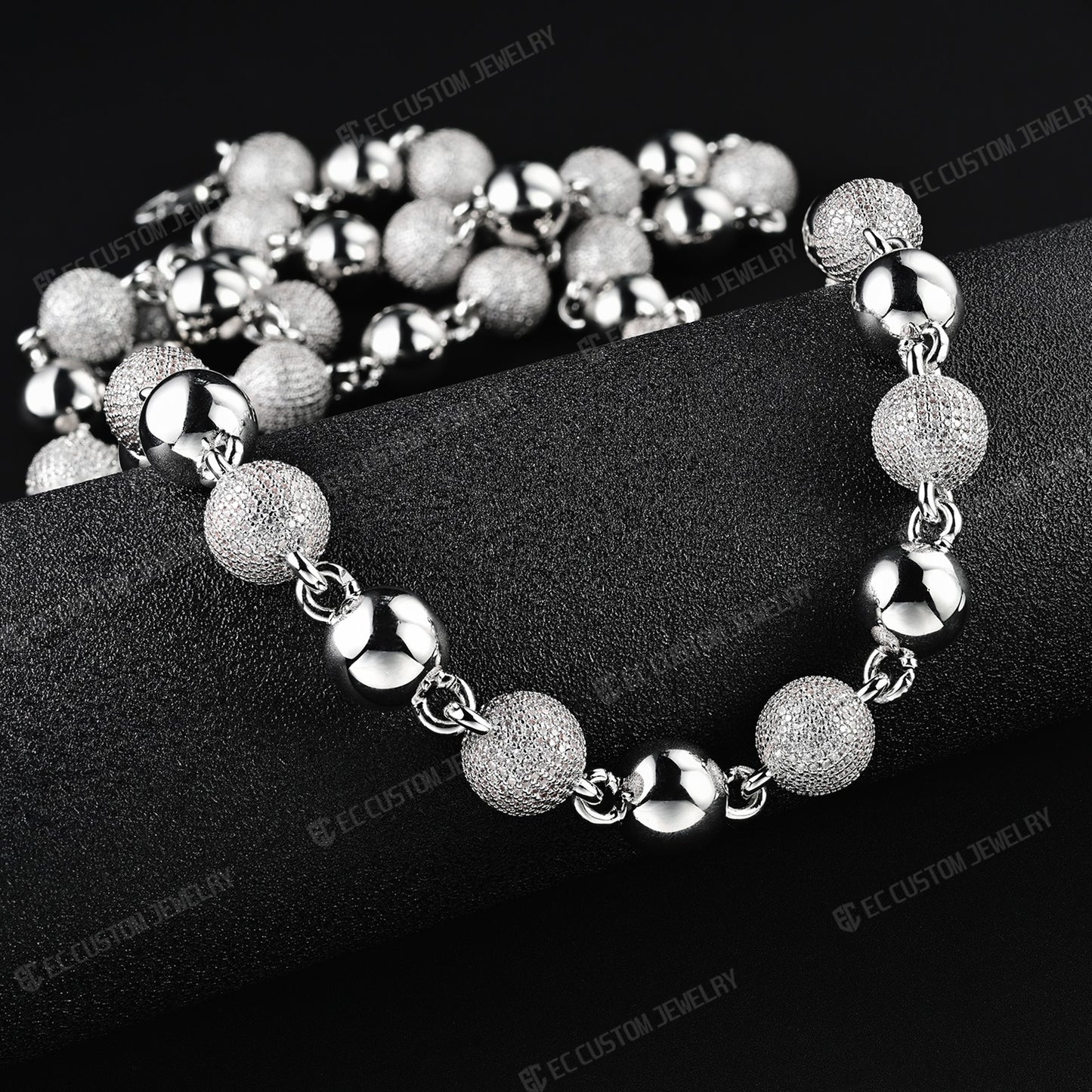 18K White GOLD Custom Made Ball Link Diamond Chain Rosary Bead Chain Necklace 