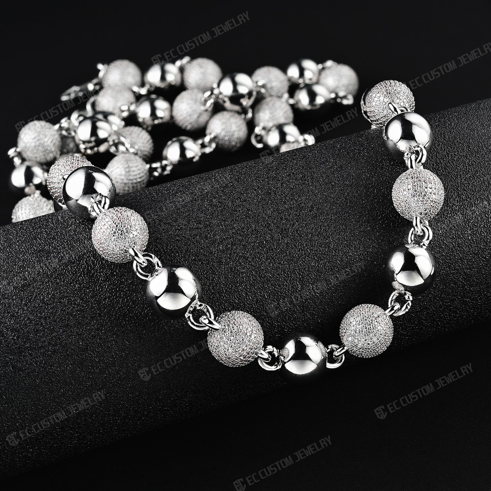 18K White GOLD Custom Made Ball Link Diamond Chain Rosary Bead Chain Necklace 