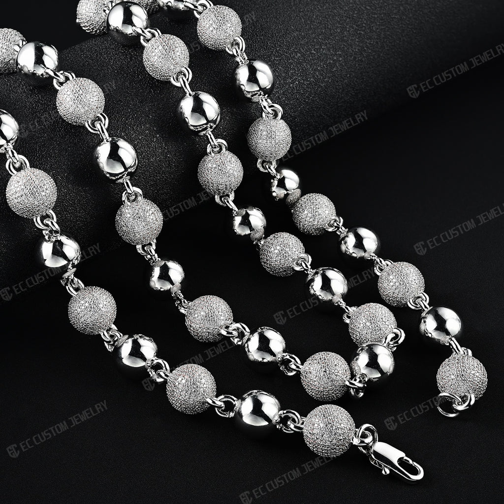 18K White GOLD Custom Made Ball Link Diamond Chain Rosary Bead Chain Necklace 