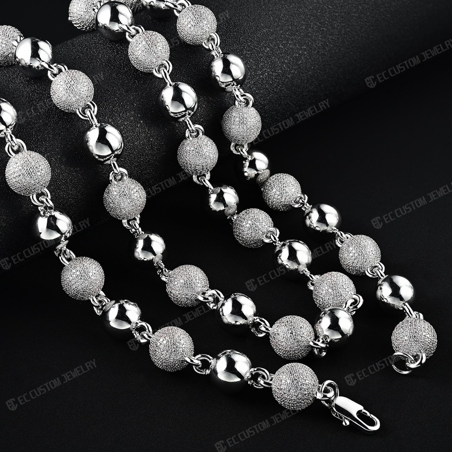 18K White GOLD Custom Made Ball Link Diamond Chain Rosary Bead Chain Necklace 