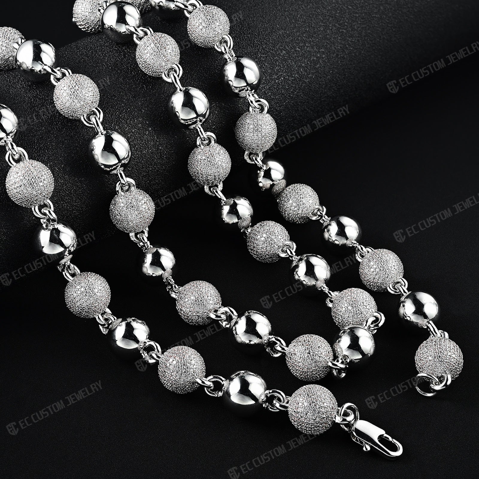 18K White GOLD Custom Made Ball Link Diamond Chain Rosary Bead Chain Necklace 