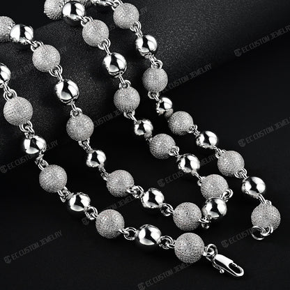 18K White GOLD Custom Made Ball Link Diamond Chain Rosary Bead Chain Necklace 