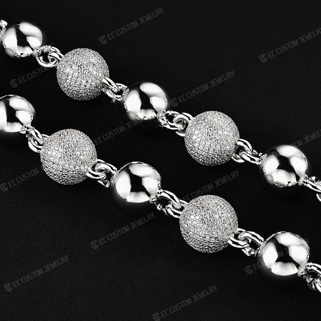 18K White GOLD Custom Made Ball Link Diamond Chain Rosary Bead Chain Necklace 