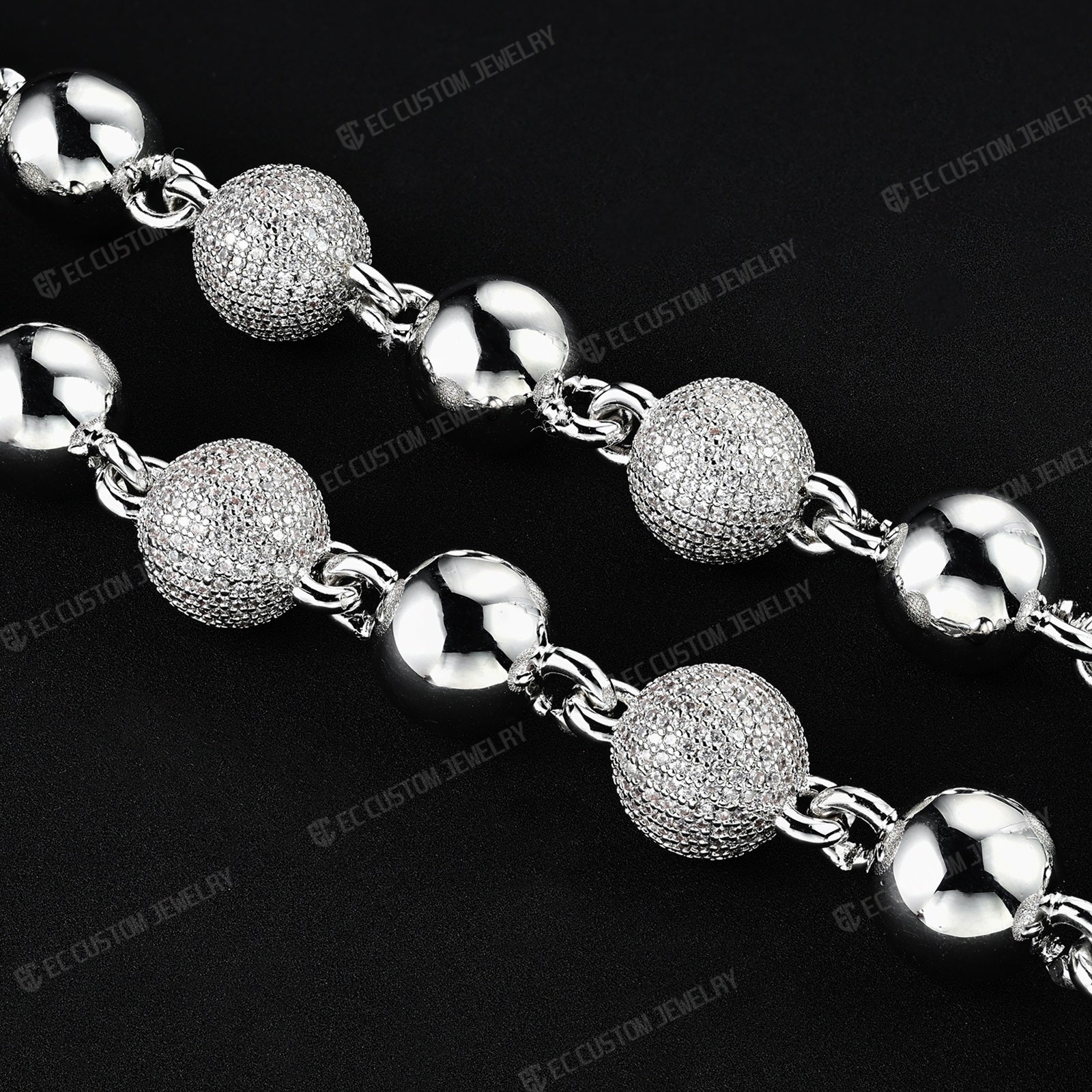 18K White GOLD Custom Made Ball Link Diamond Chain Rosary Bead Chain Necklace 