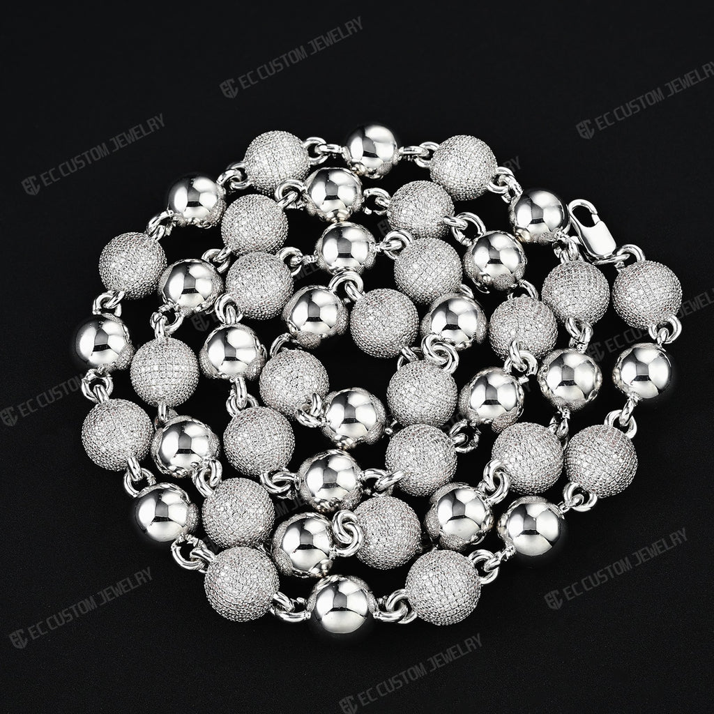 18K White GOLD Custom Made Ball Link Diamond Chain Rosary Bead Chain Necklace 7