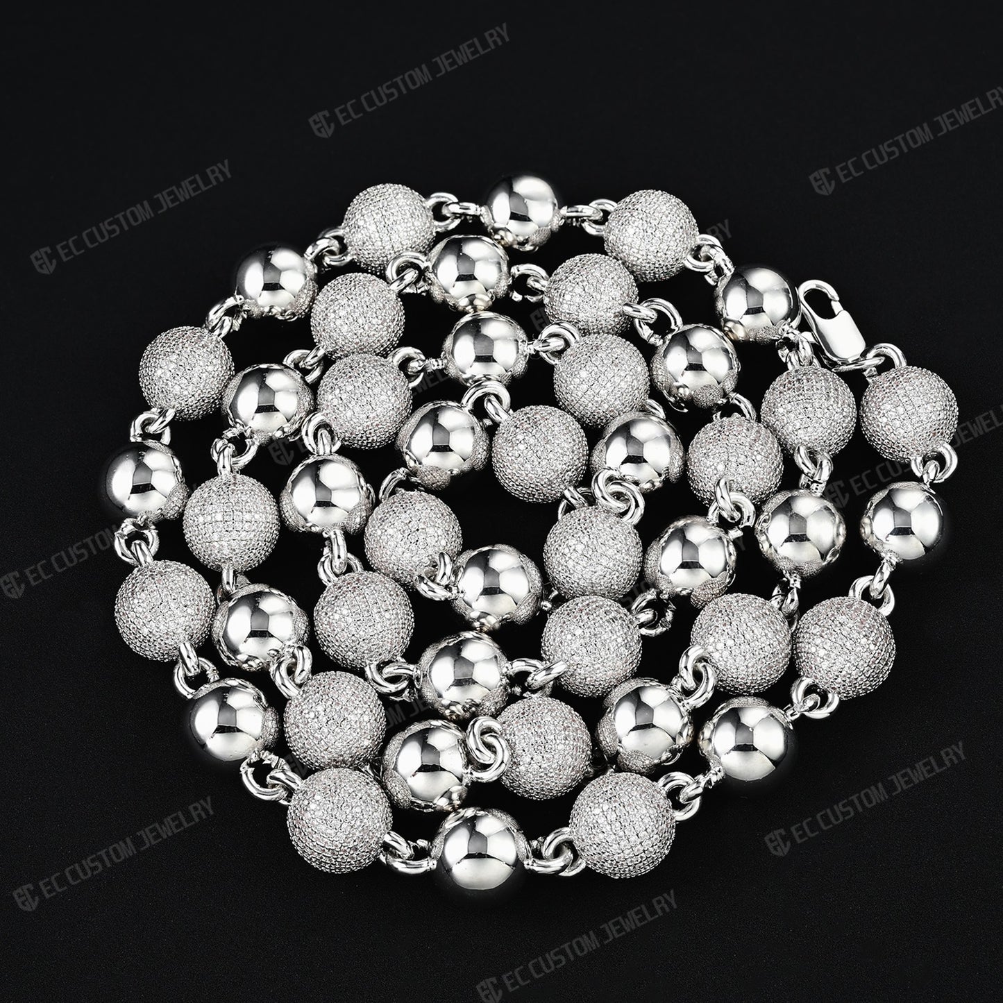 18K White GOLD Custom Made Ball Link Diamond Chain Rosary Bead Chain Necklace 7