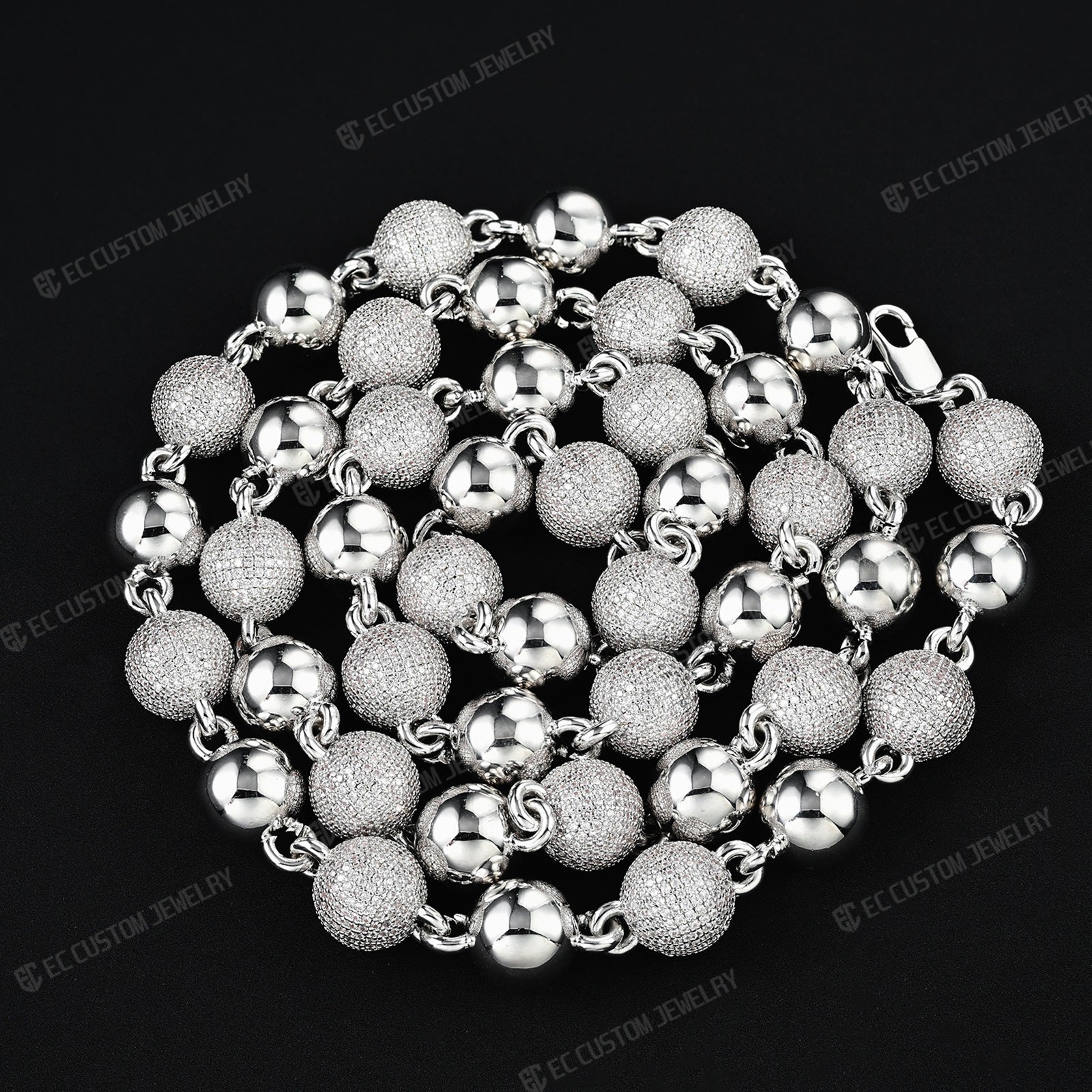 18K White GOLD Custom Made Ball Link Diamond Chain Rosary Bead Chain Necklace 7