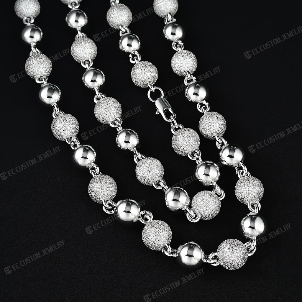 18K White GOLD Custom Made Ball Link Diamond Chain Rosary Bead Chain Necklace 8