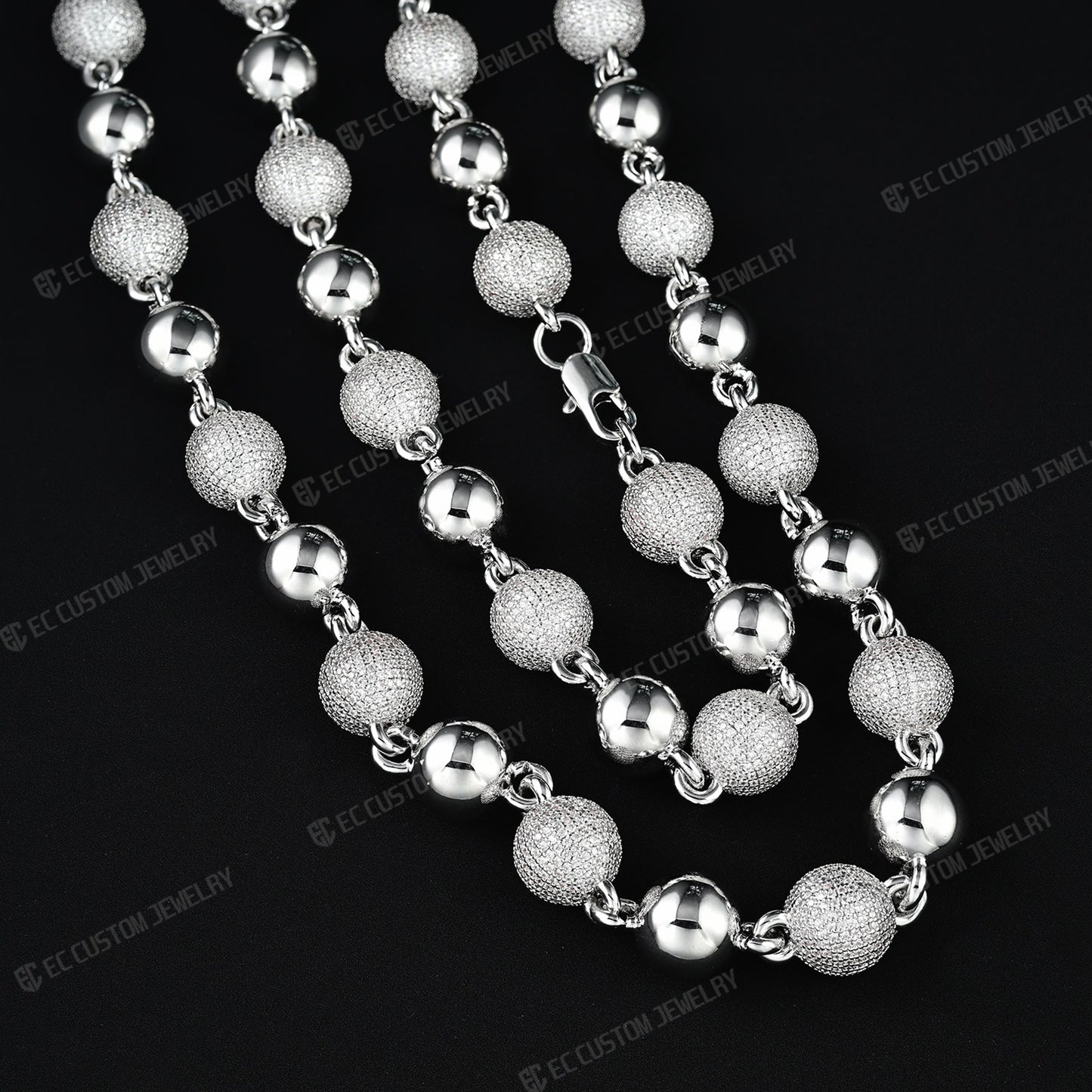 18K White GOLD Custom Made Ball Link Diamond Chain Rosary Bead Chain Necklace 8