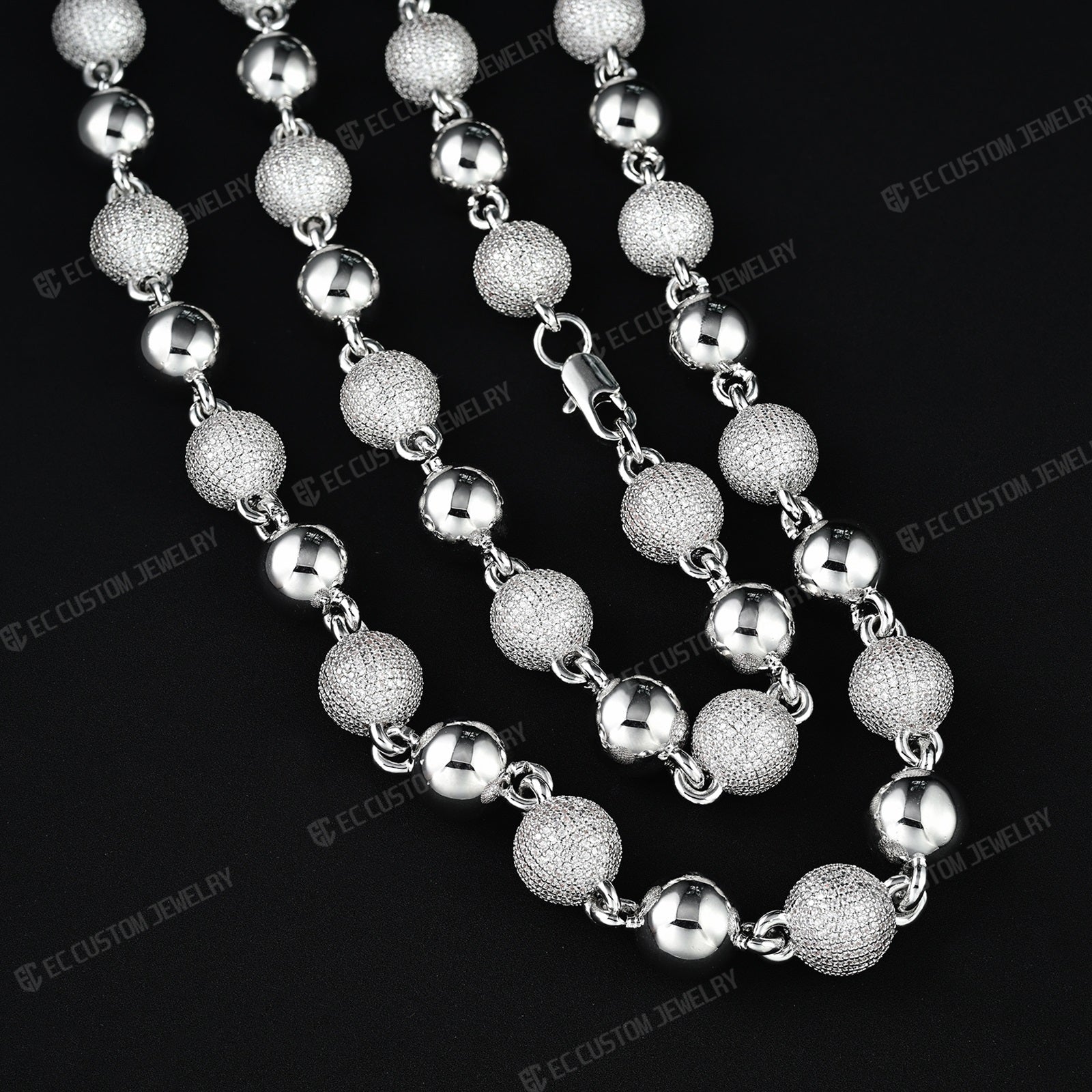 18K White GOLD Custom Made Ball Link Diamond Chain Rosary Bead Chain Necklace 8
