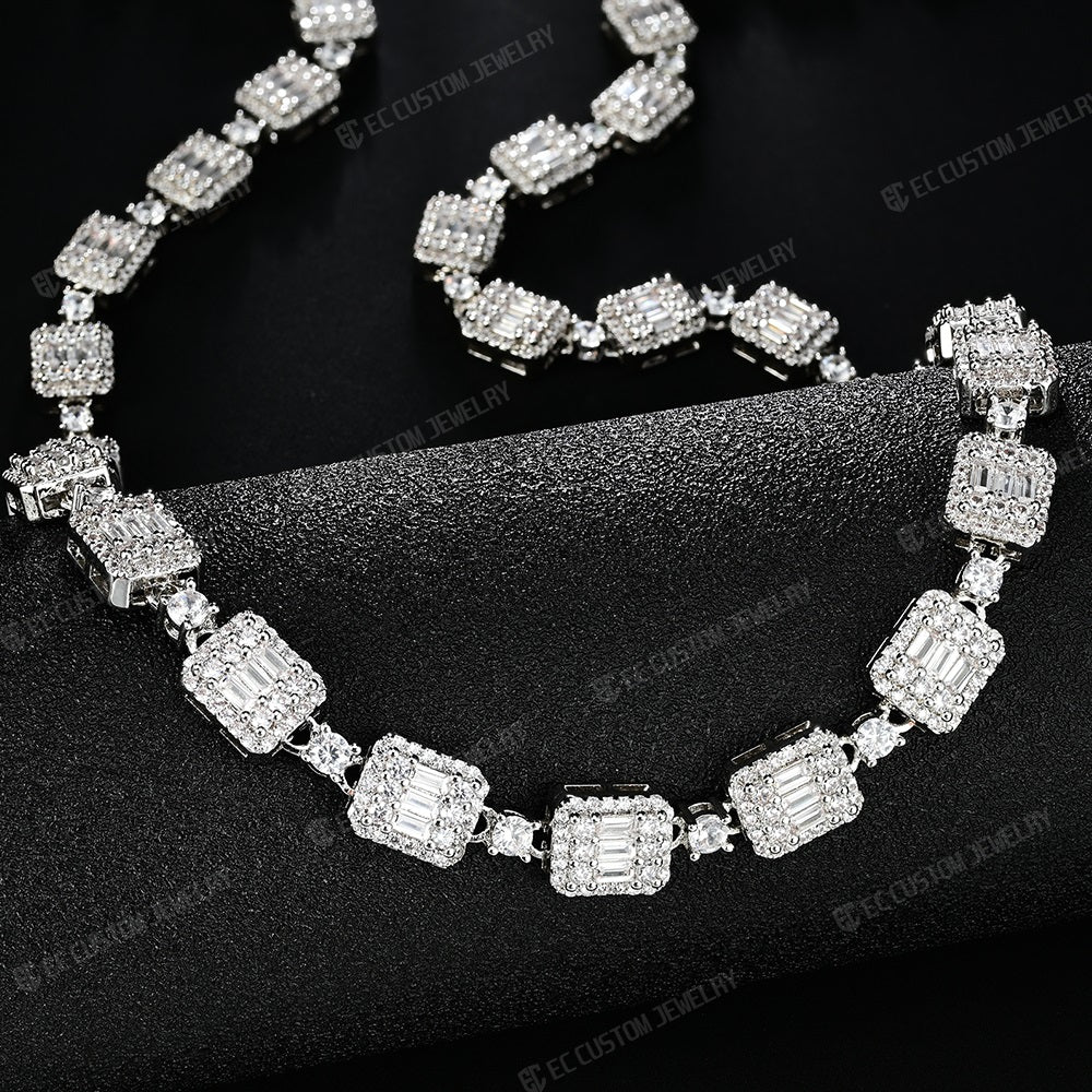 8MM Cluster Baguette Moissanite Iced Out Chain hip Hop jewelry