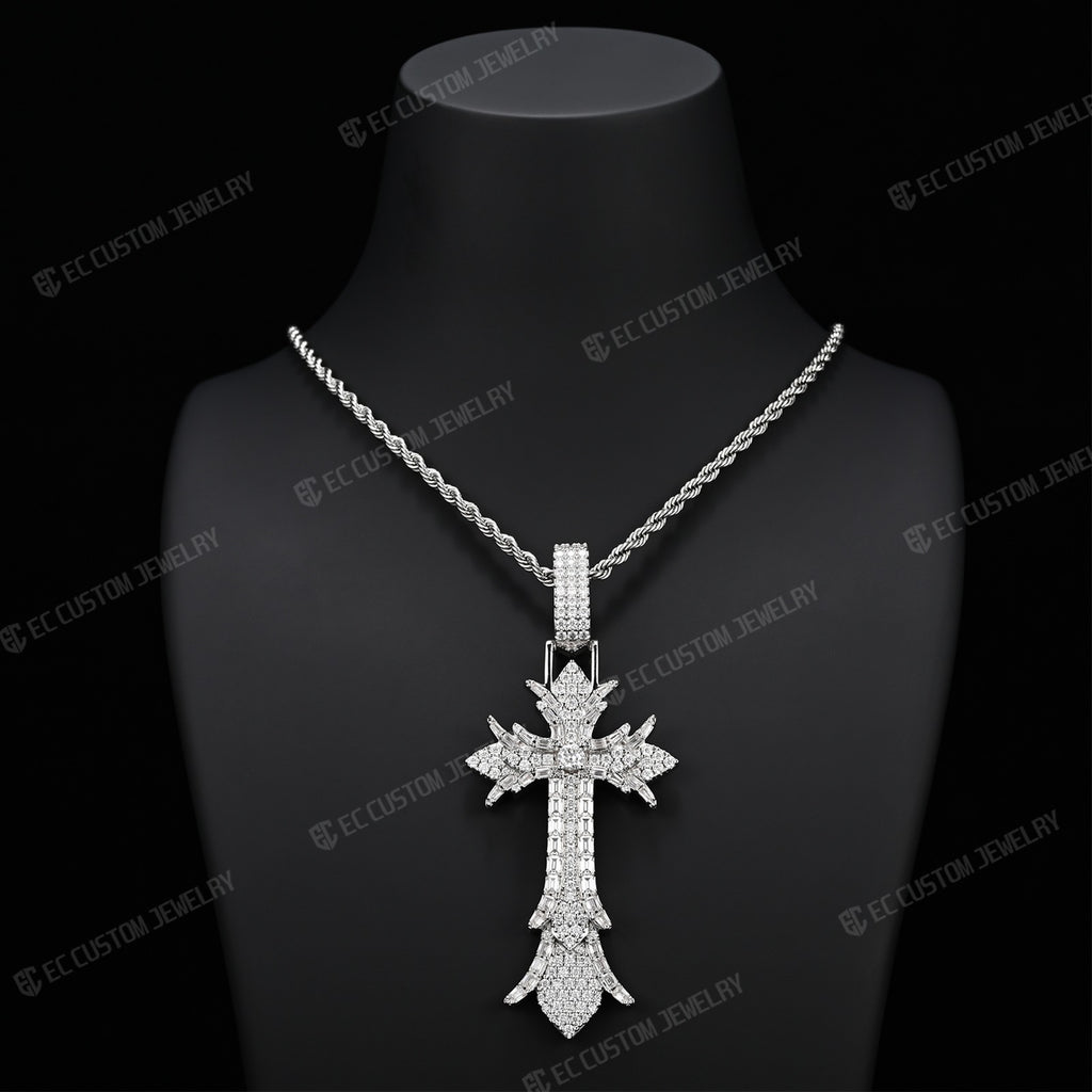 Chrome Heart Iced Out Gothic Spike CrossPendant_925 Sterling Silver Moissanite EC The Jeweler 6