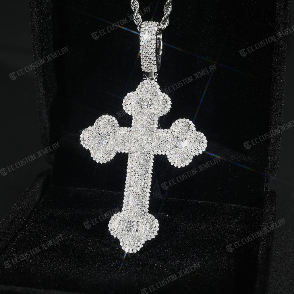 Clover Cross Moissanite Pendant Iced Out Sterling 925 Silver Cross