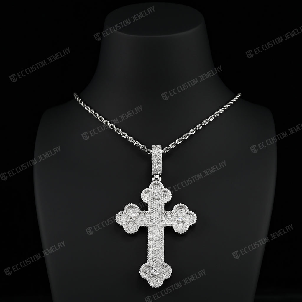 Clover Cross Moissanite Pendant Iced Out Sterling 925 Silver Cross