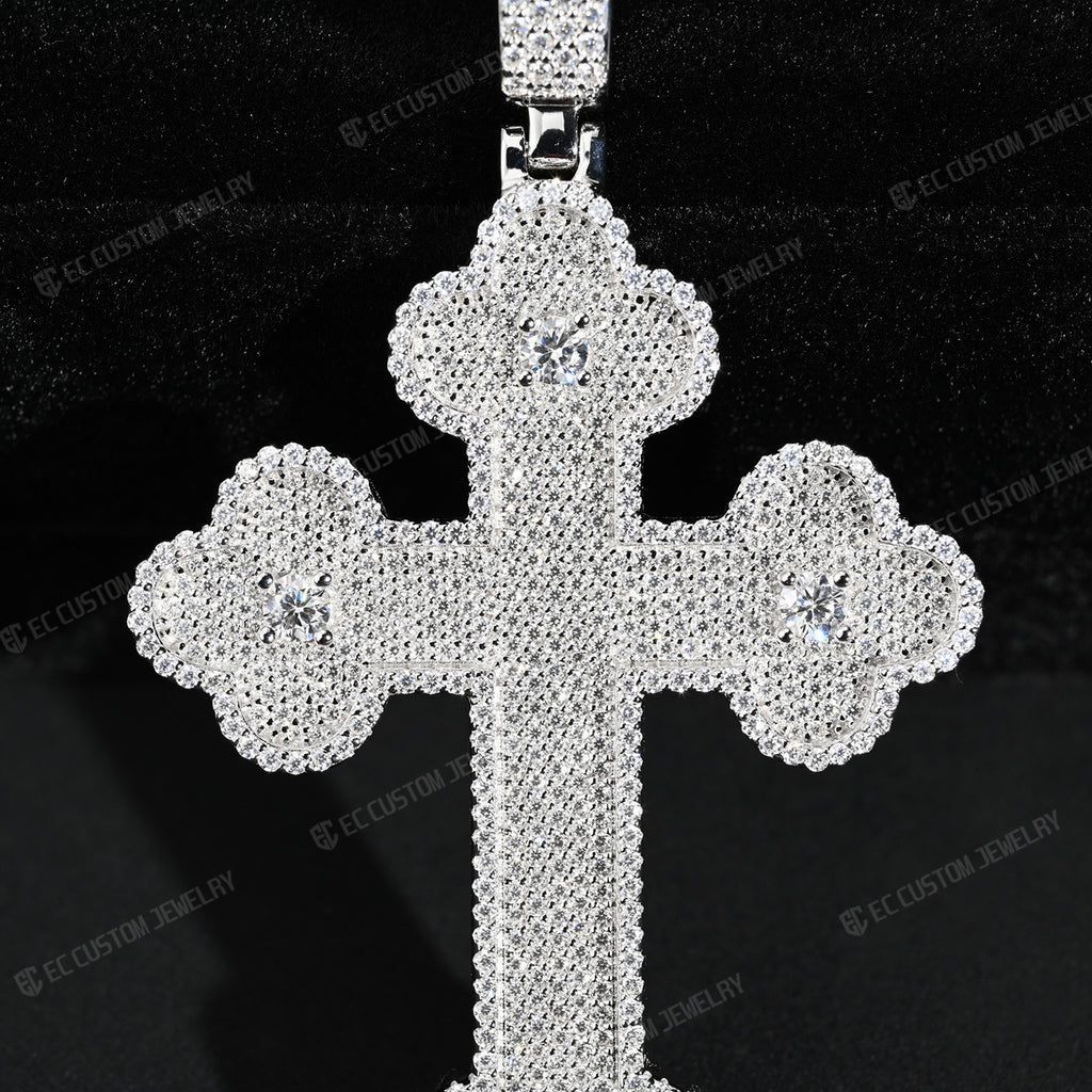 Clover Cross Moissanite Pendant Iced Out Sterling 925 Silver Cross