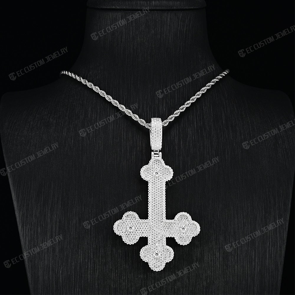 Clover Upside Down Cross Pendant Iced Out Jewelry Moissanite Sterling 925 Silver 