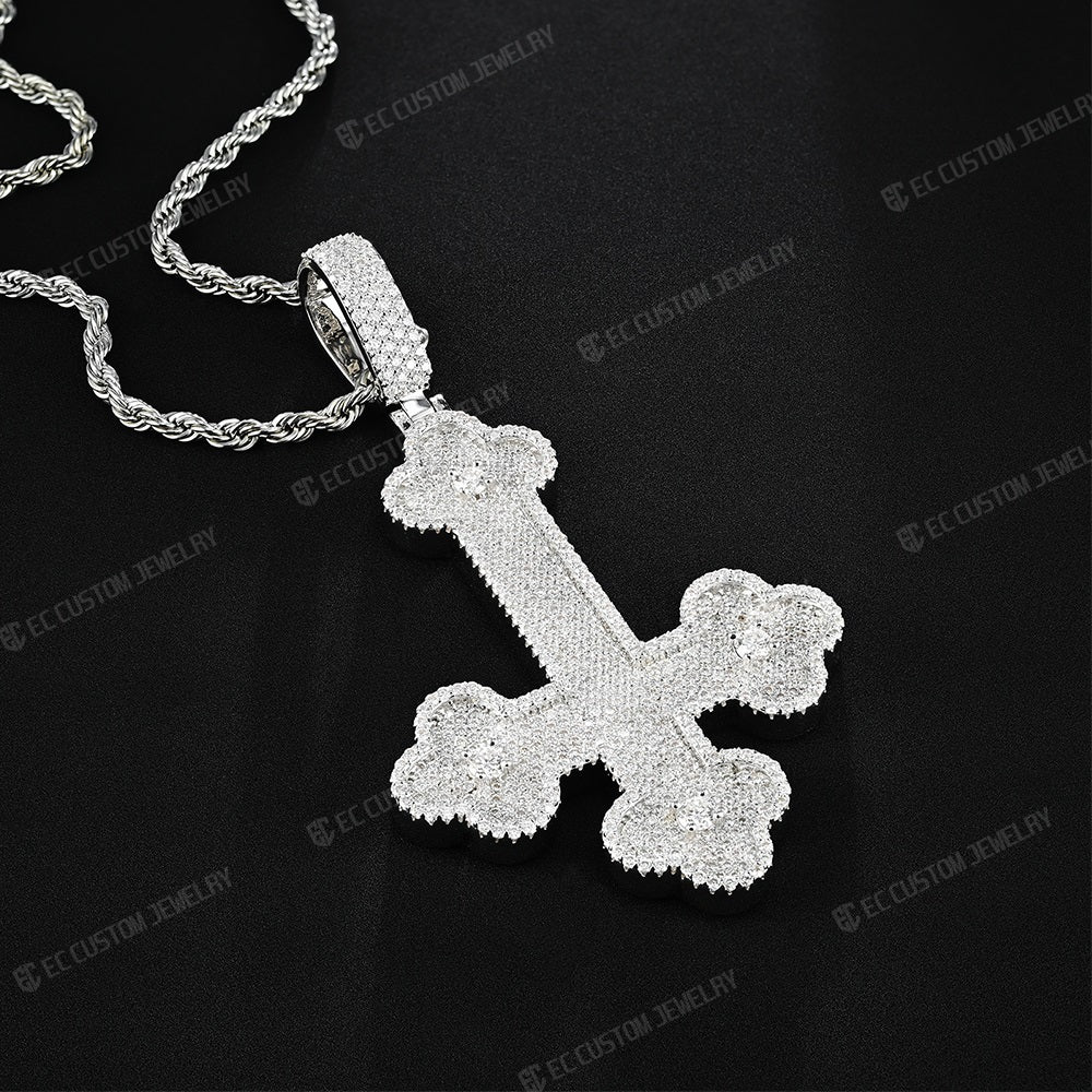 Clover Upside Down Cross Pendant Iced Out Jewelry Moissanite Sterling 925 Silver 