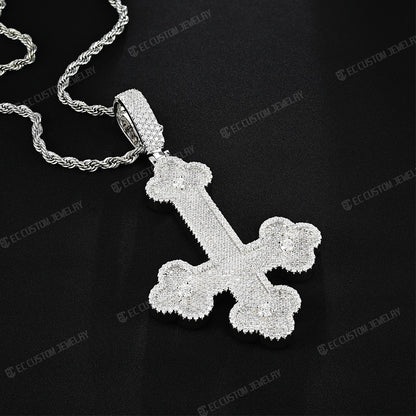 Clover Upside Down Cross Pendant Iced Out Jewelry Moissanite Sterling 925 Silver 