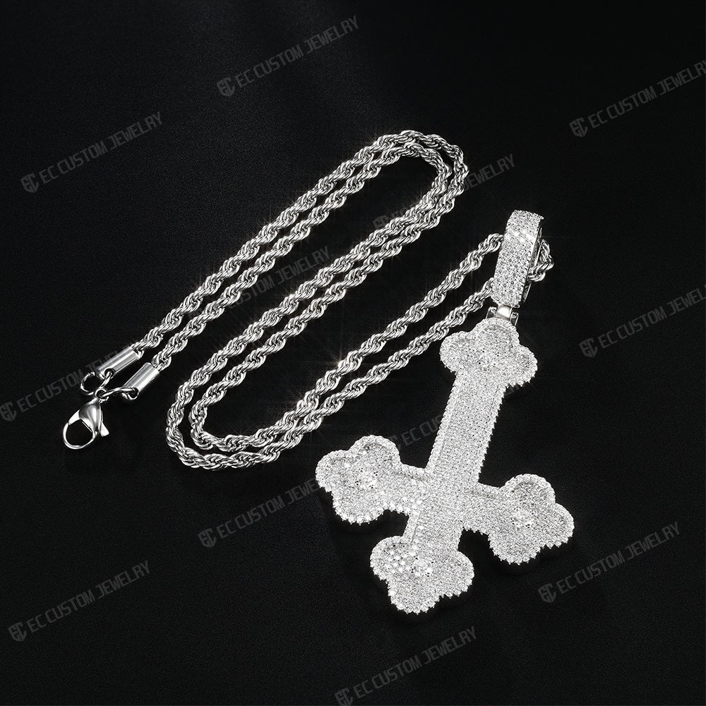 Clover Upside Down Cross Pendant Iced Out Jewelry Moissanite Sterling 925 Silver 