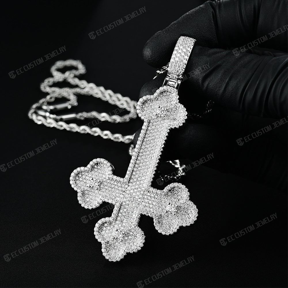 Clover Upside Down Cross Pendant Iced Out Jewelry Moissanite Sterling 925 Silver 