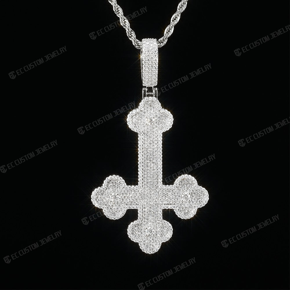 Clover Upside Down Cross Pendant Iced Out Jewelry Moissanite Sterling 925 Silver 