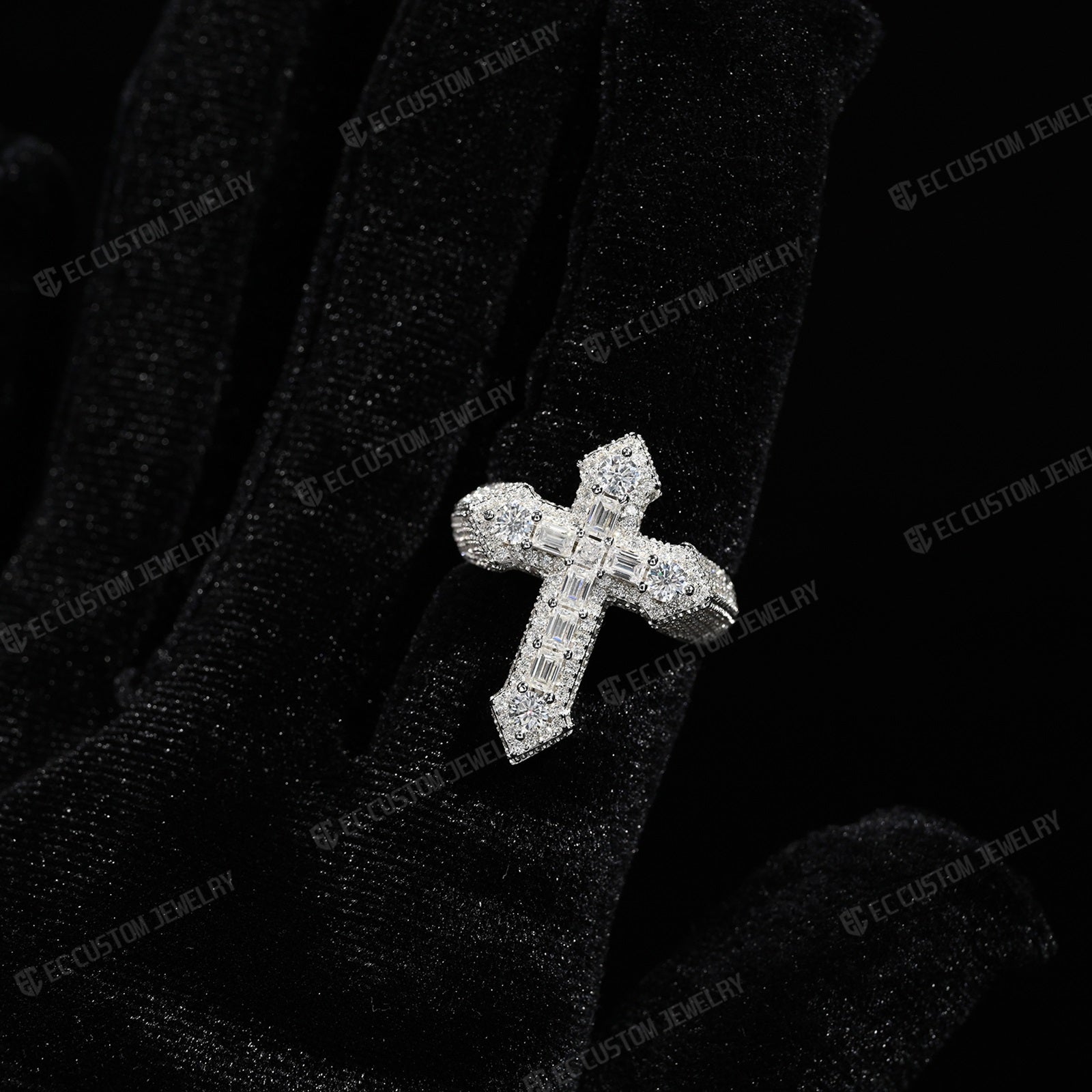 S925 Silver VVS Moissanite Iced Out Cross Ring