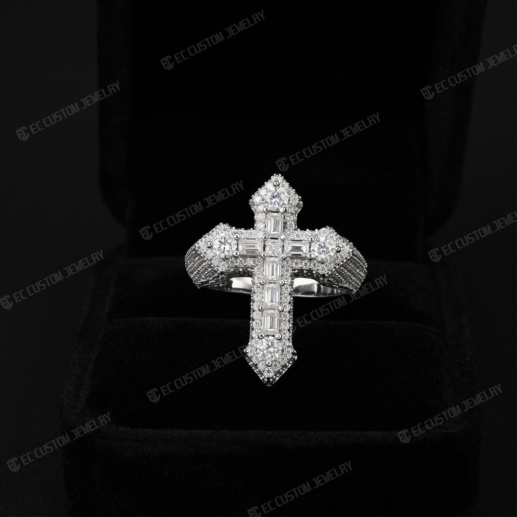 S925 Silver VVS Moissanite Iced Out Cross Ring