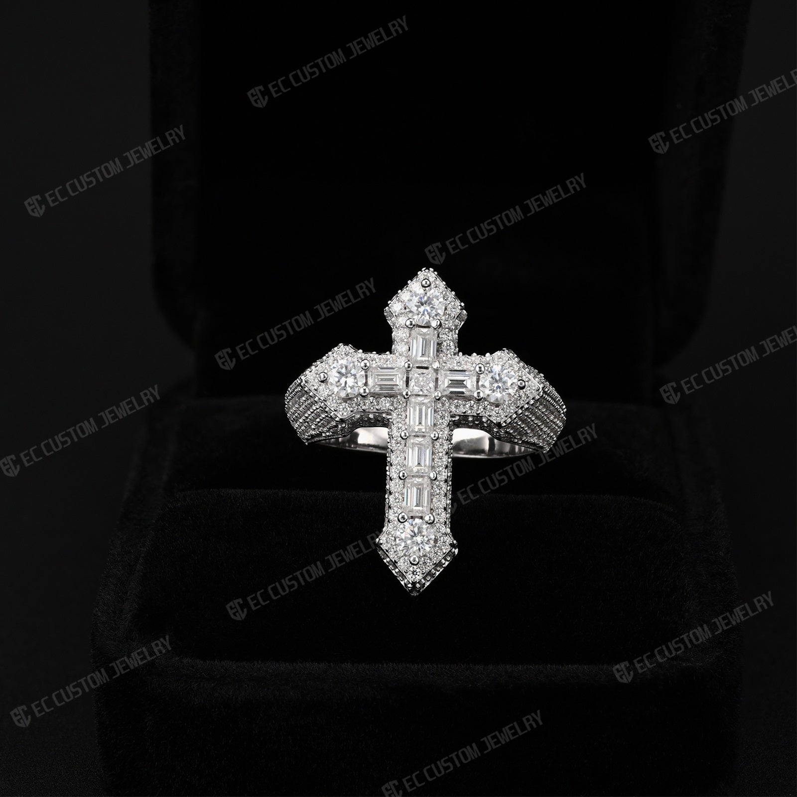 S925 Silver VVS Moissanite Iced Out Cross Ring