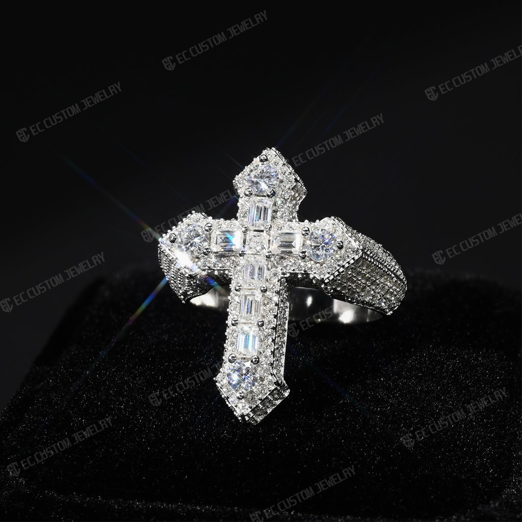 S925 Silver VVS Moissanite Iced Out Cross Ring