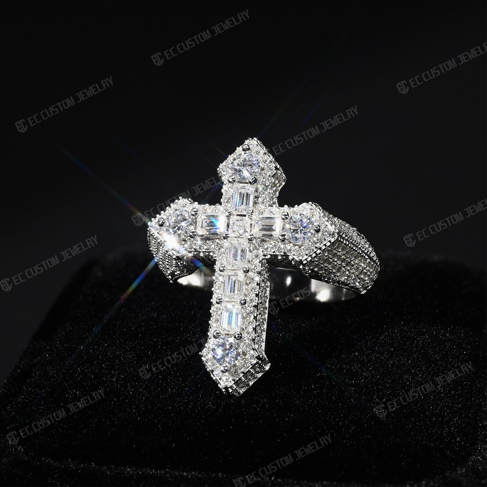 S925 Silver VVS Moissanite Iced Out Cross Ring