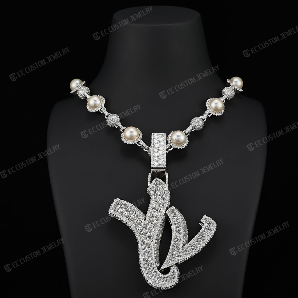 Custom Iced Out YVL Letter Pendant - 925 Silver Moissante