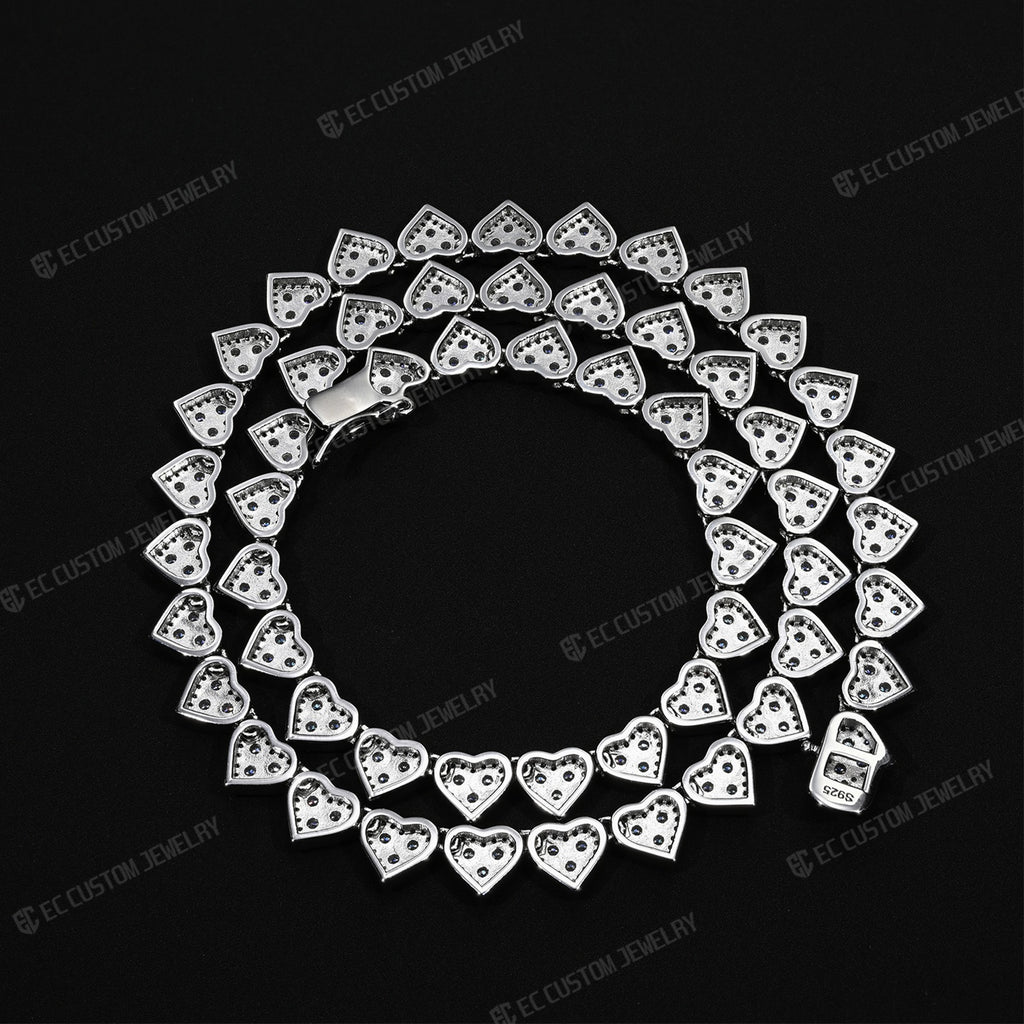 8MM Iced Out Heart Link Tennis Necklace VVS Moissanite Silver Chain